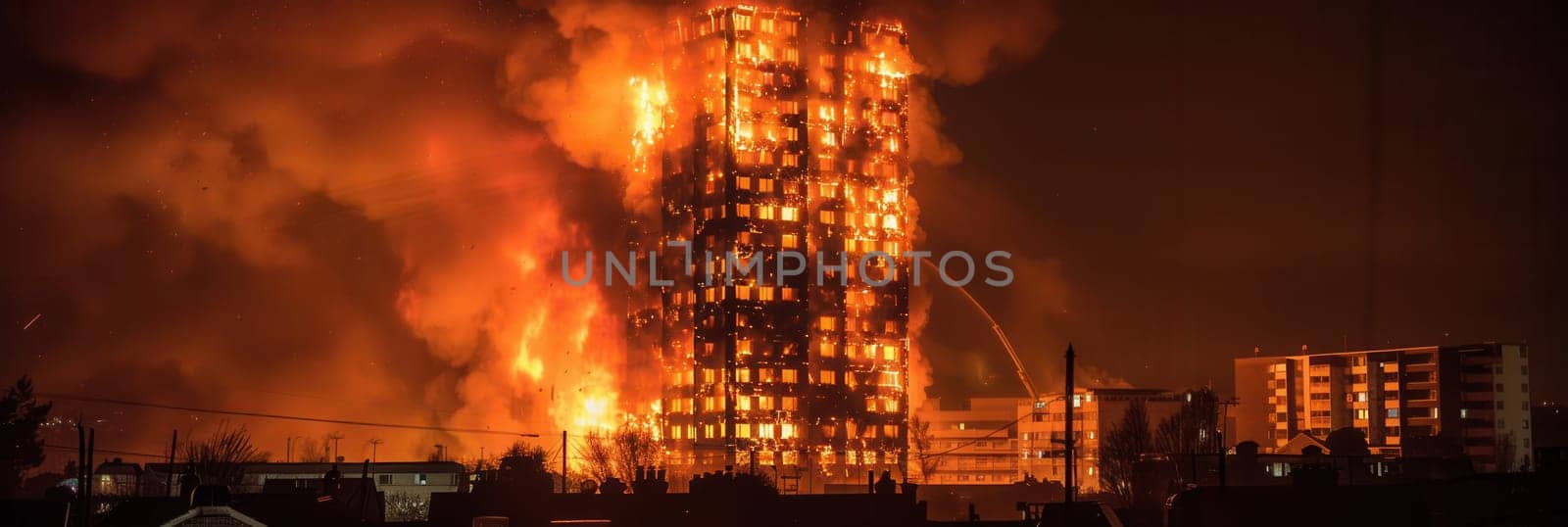 Firefighters battle a raging fire engulfing a multi-story building, surrounded by flames and smoke, in a nighttime emergency.