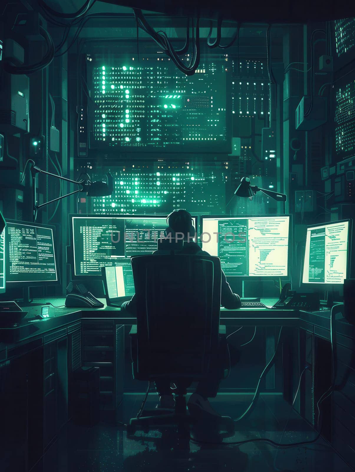A hacker immersed in work at a desk with multiple computer screens in a dimly lit room, displaying lines of code and data.