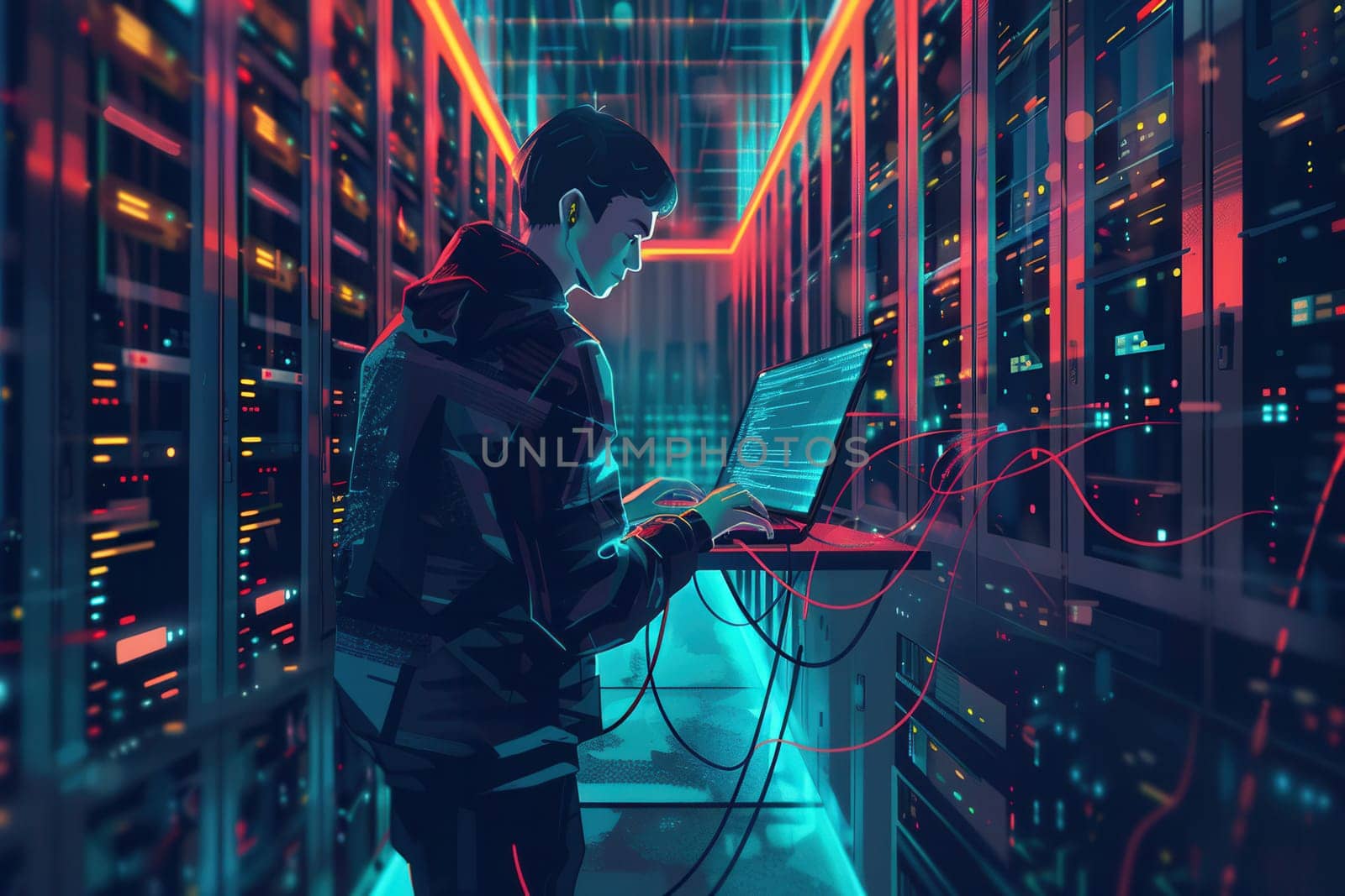 A hacker focuses intently on a laptop screen in a glowing data center, interacting with servers while surrounded by colorful cables and vibrant lights.