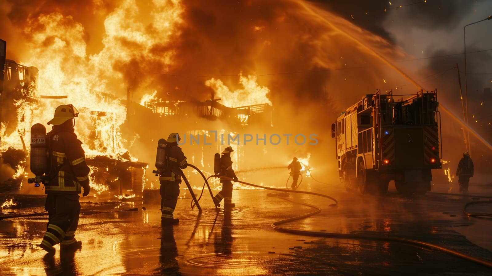 Firefighters work tirelessly to control a massive blaze consuming a multi-story building, with flames engulfing the surrounding structures.