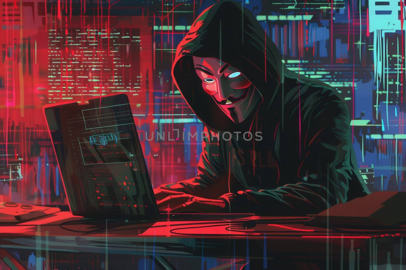 A mysterious figure in a hood works intently on a laptop, surrounded by a vibrant digital landscape filled with data and code.