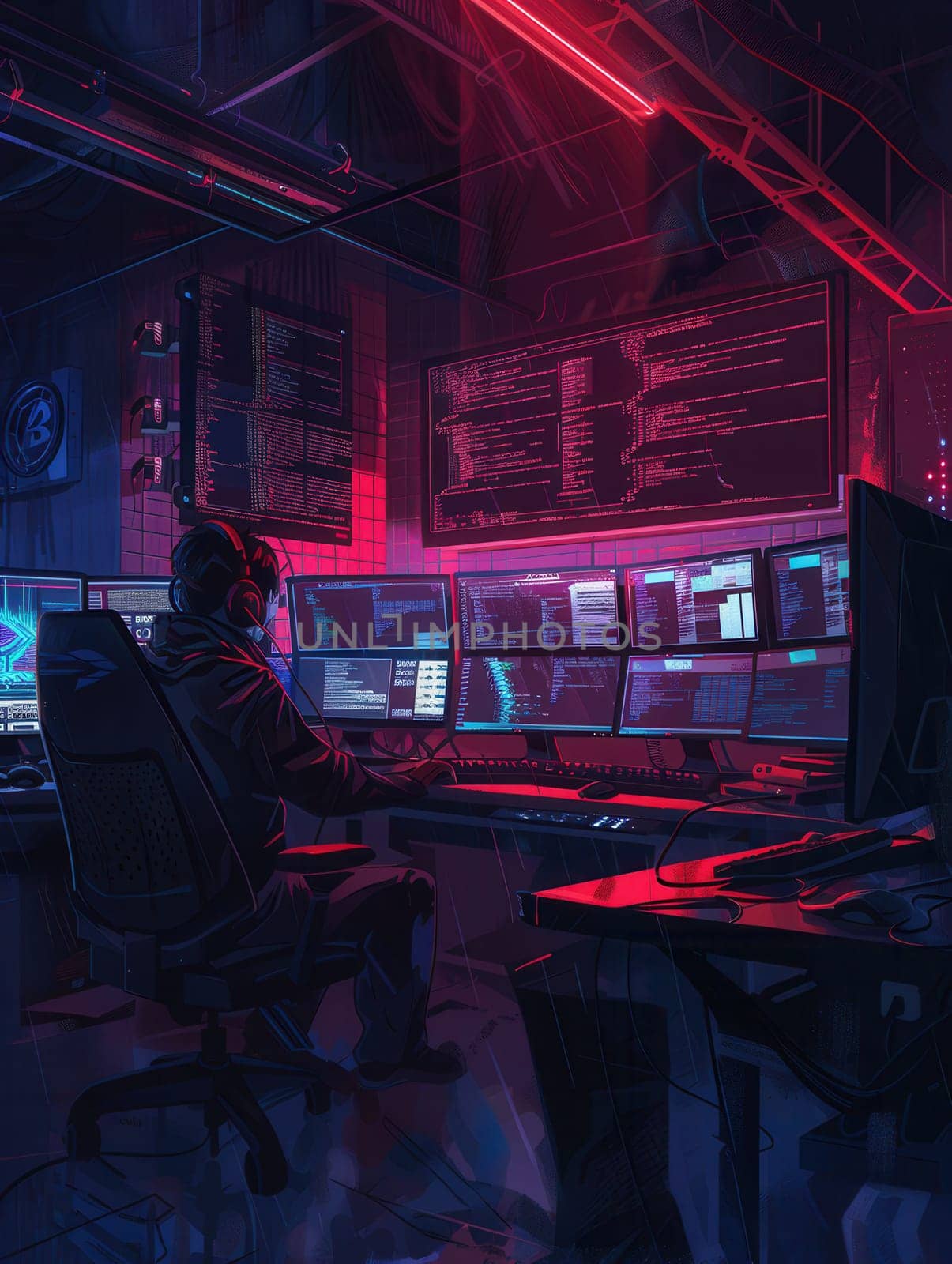 A hacker is intensely focused at their desk surrounded by multiple computer screens in a dimly lit room filled with digital information.