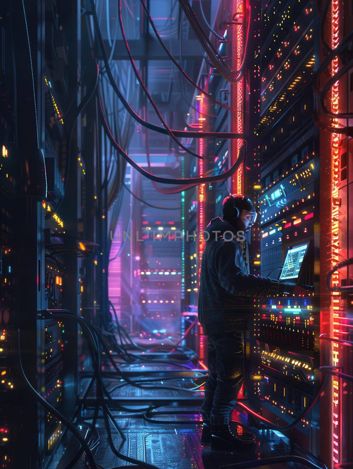 A hacker works intently at a workstation, surrounded by colorful lights in a high-tech server room filled with cables and equipment.