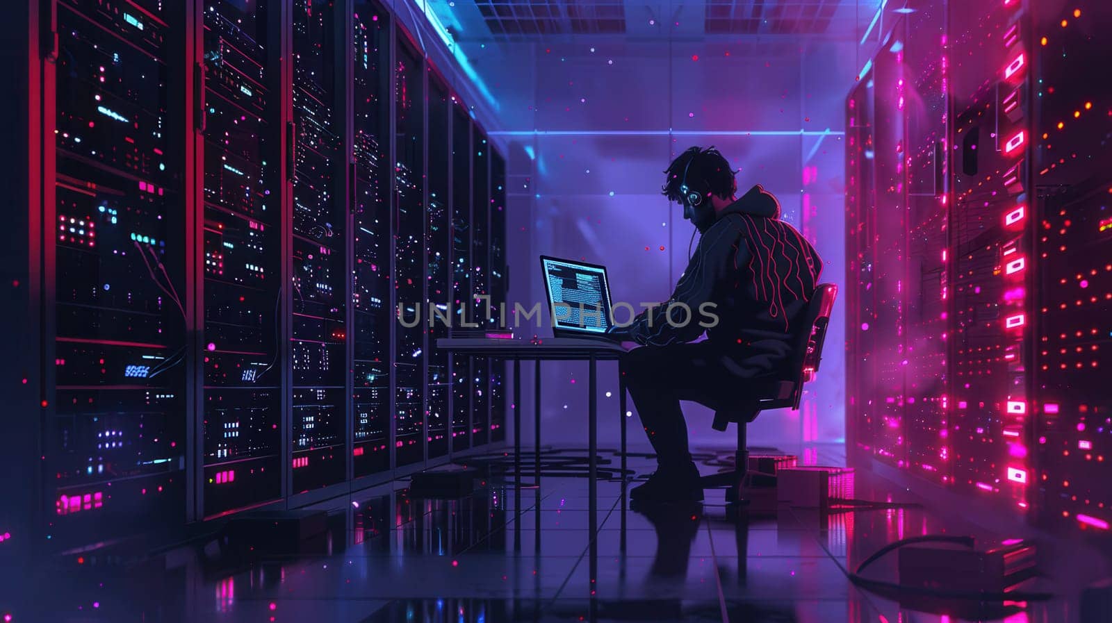 A person engages in programming at a desk surrounded by servers, illuminated by vibrant lights, deep into the night.