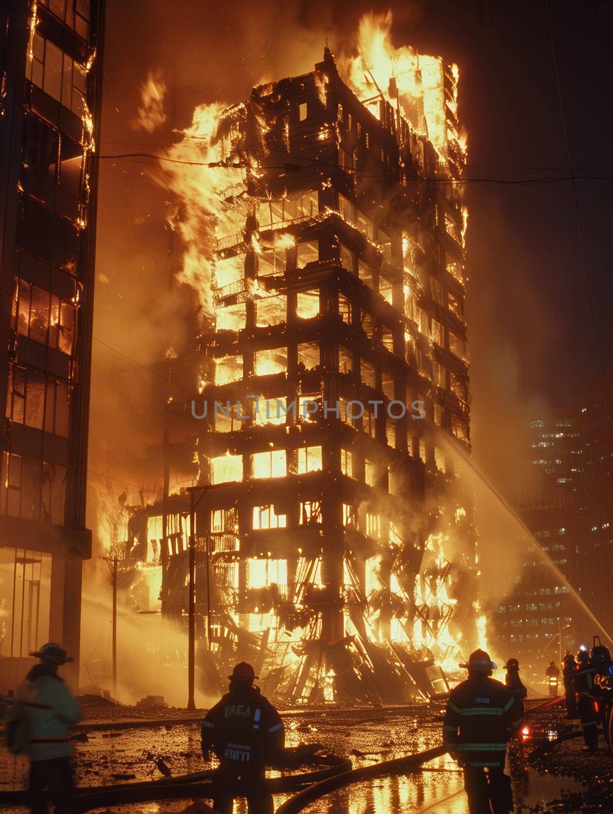 Firefighters work diligently to extinguish a massive blaze engulfing a multi-story building, surrounded by flames and burning structures.