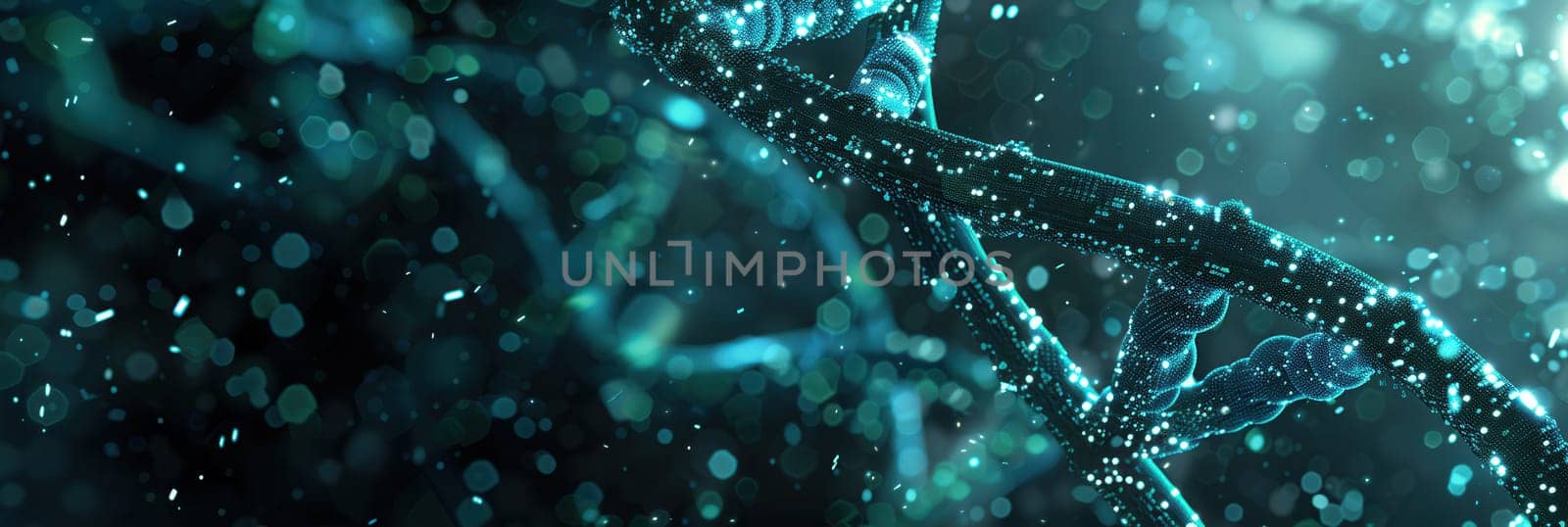 A captivating double helix structure of DNA is highlighted by dynamic particles in a dark, abstract backdrop, creating a sense of depth and intrigue.