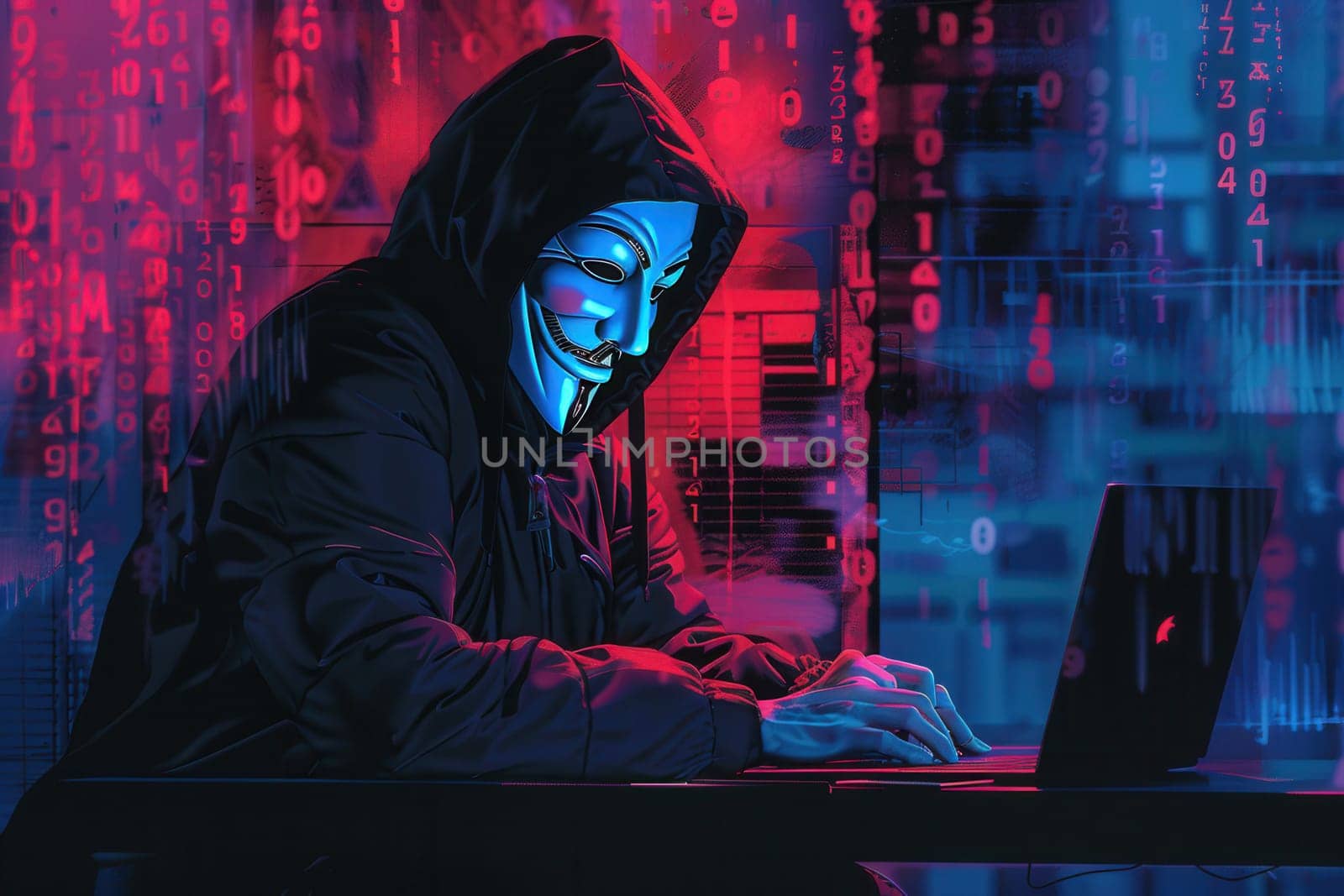 A hooded figure sits at a desk, focused intently on a laptop screen illuminated by vibrant colors in a dimly lit room.