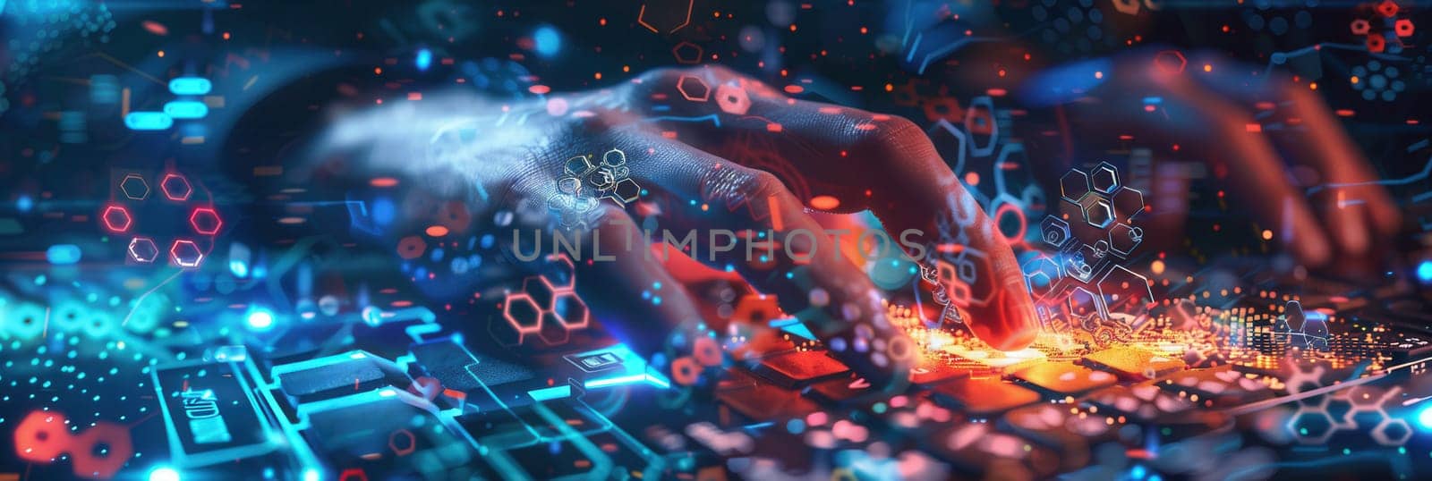 Hacker's hands are rapidly typing on a keyboard, immersed in a swirl of digital symbols and codes reflecting a high-tech atmosphere.