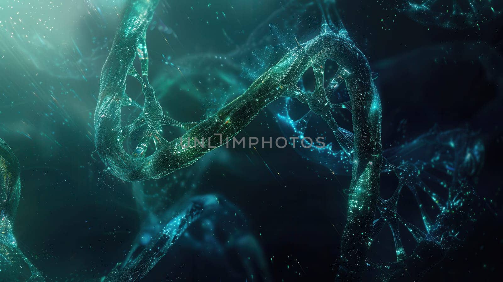 An abstract background showcases a striking double helix DNA structure, surrounded by ethereal blue and green hues, evoking a sense of the biological world.