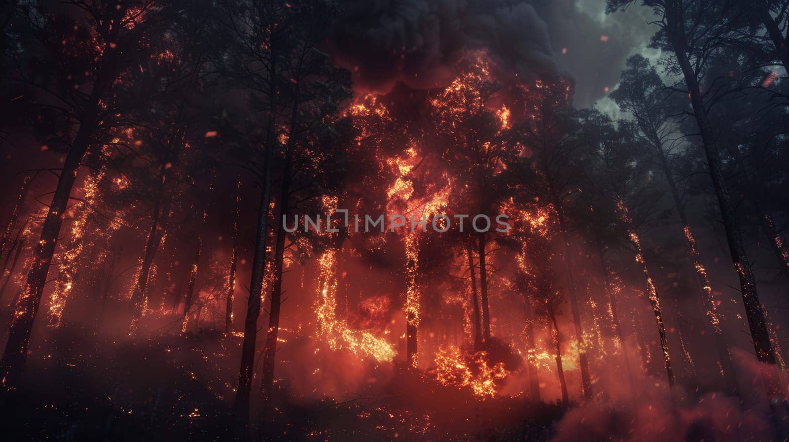 A fierce fire engulfs the forest, with flames consuming trees and thick smoke billowing into the air as the blaze intensifies.