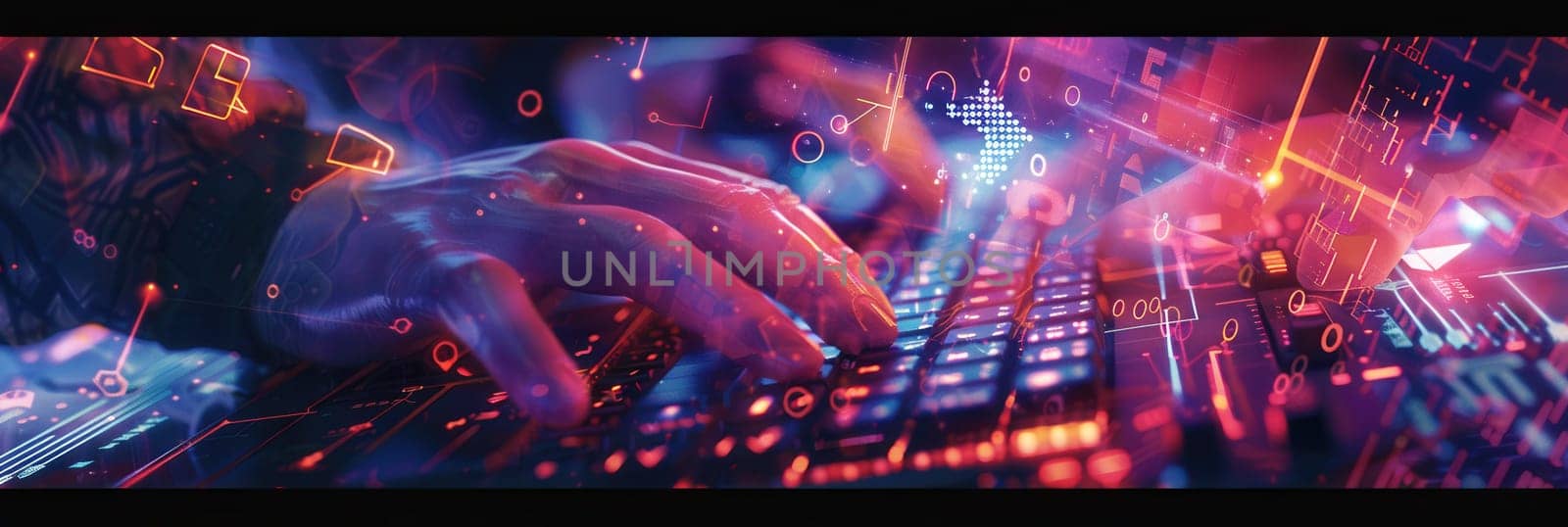 A hacker’s hands move rapidly over a keyboard, surrounded by vibrant digital codes and symbols, creating an electrifying atmosphere of cyber activity.