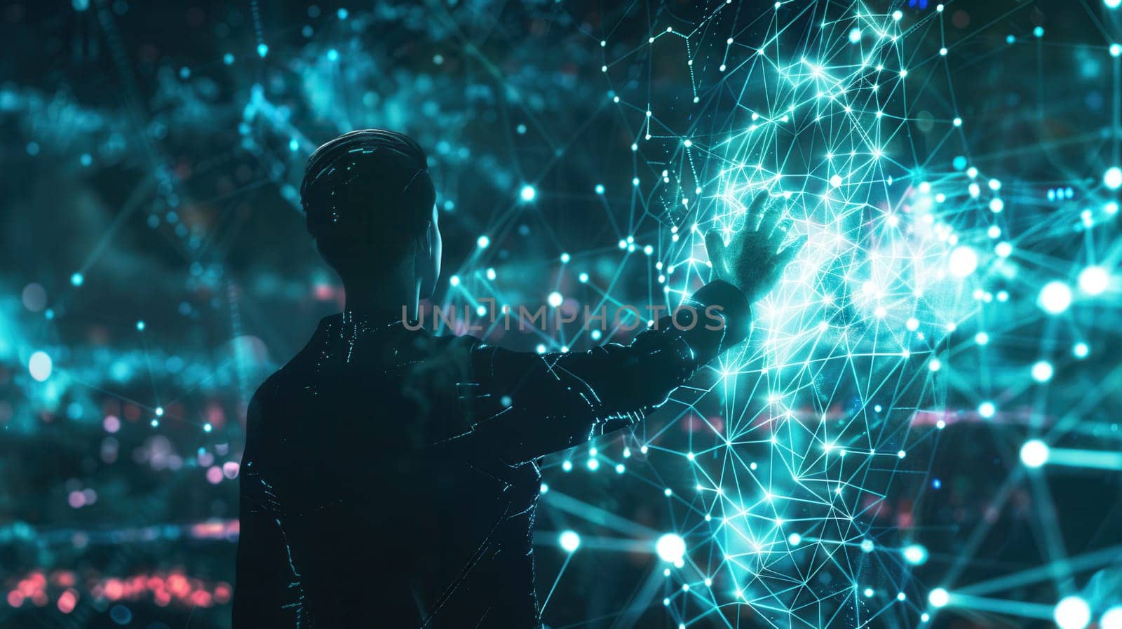 A hacker uses advanced tools to analyze virtual data amidst glowing network connections in a dimly lit environment.