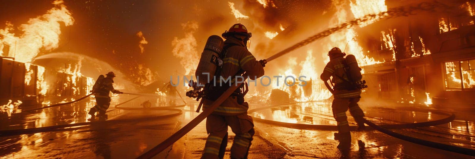 Firefighters work tirelessly to extinguish a massive fire consuming a multi-story building surrounded by flames and smoke in a hazardous urban environment.
