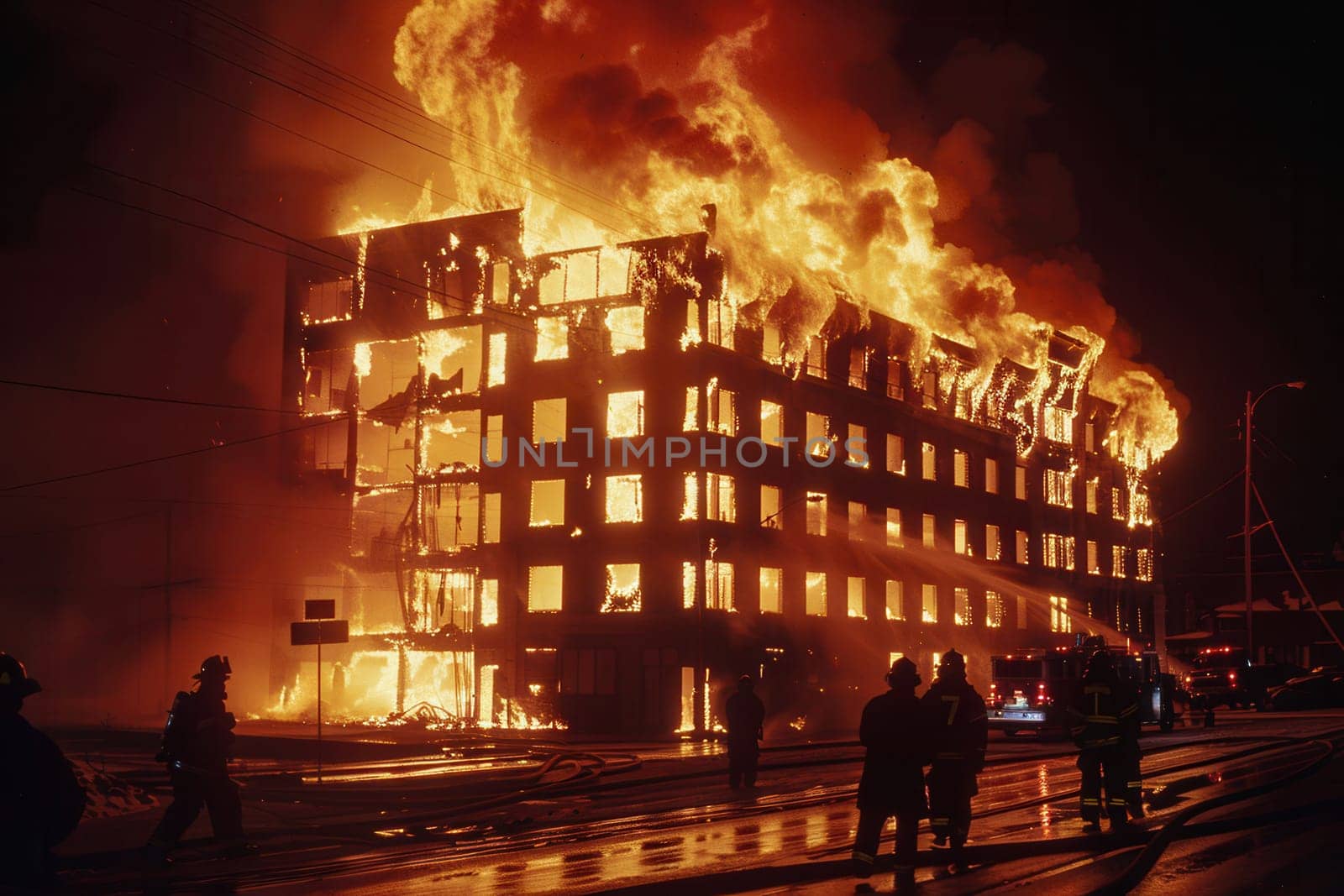 Firefighters combat a fierce blaze engulfing a multi-story building while nearby structures catch fire under the night sky.