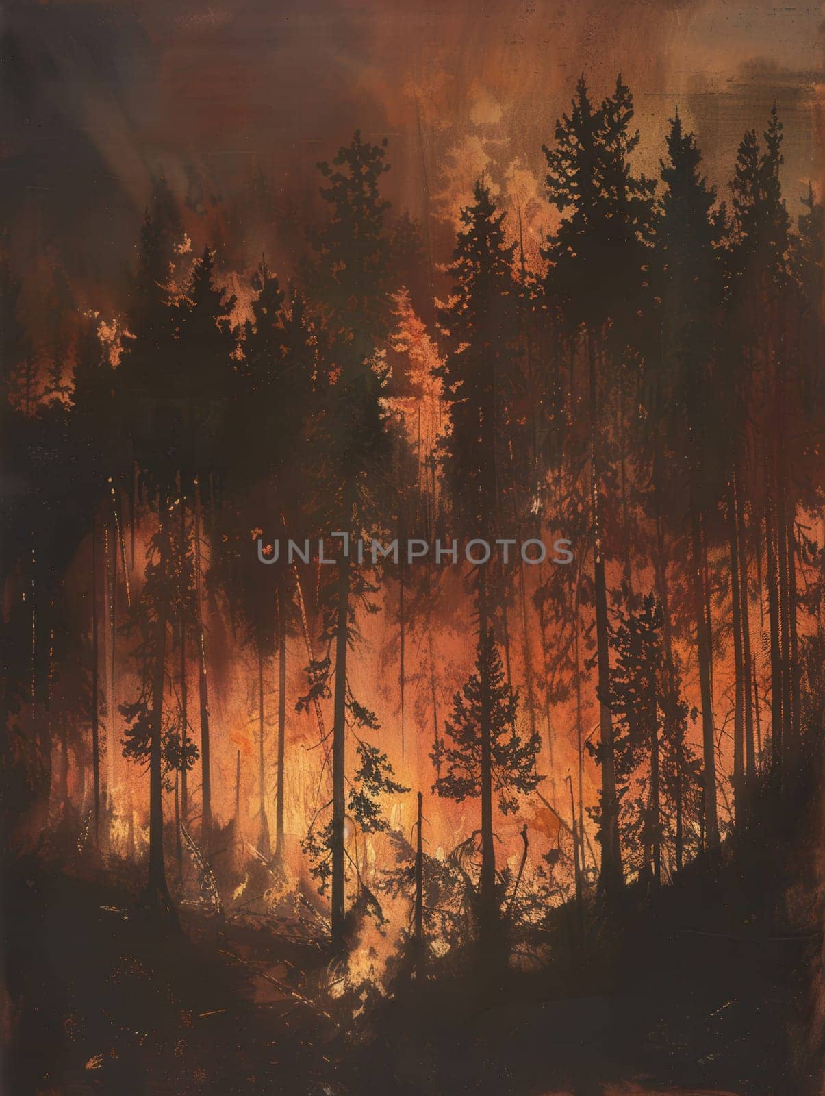 A forest is engulfed in fierce flames, with bright fires consuming trees while thick smoke and ash rise ominously into the air.