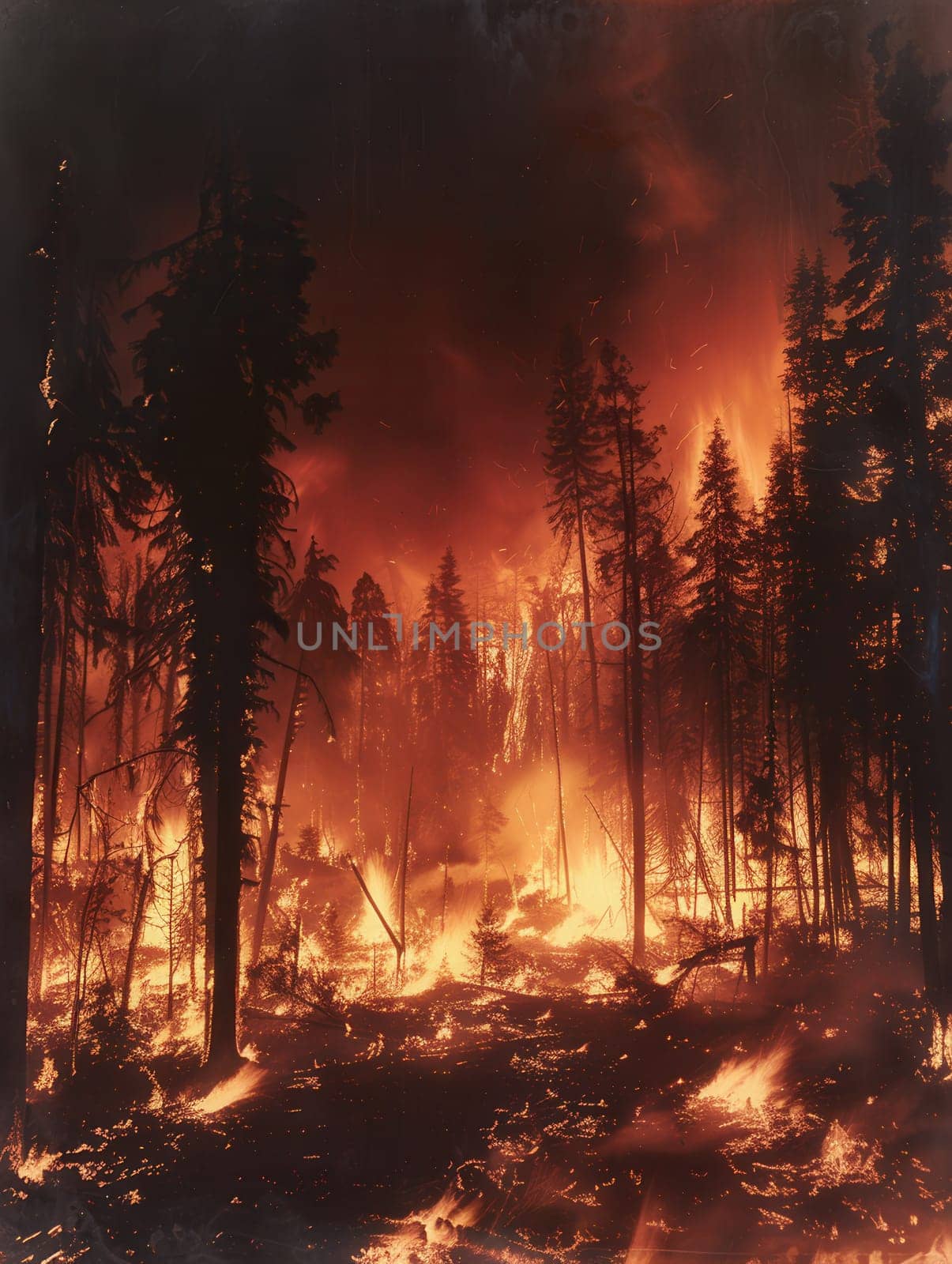 A raging fire engulfs a forest, consuming trees, creating thick smoke, and scattering ash as the blaze intensifies in the background.