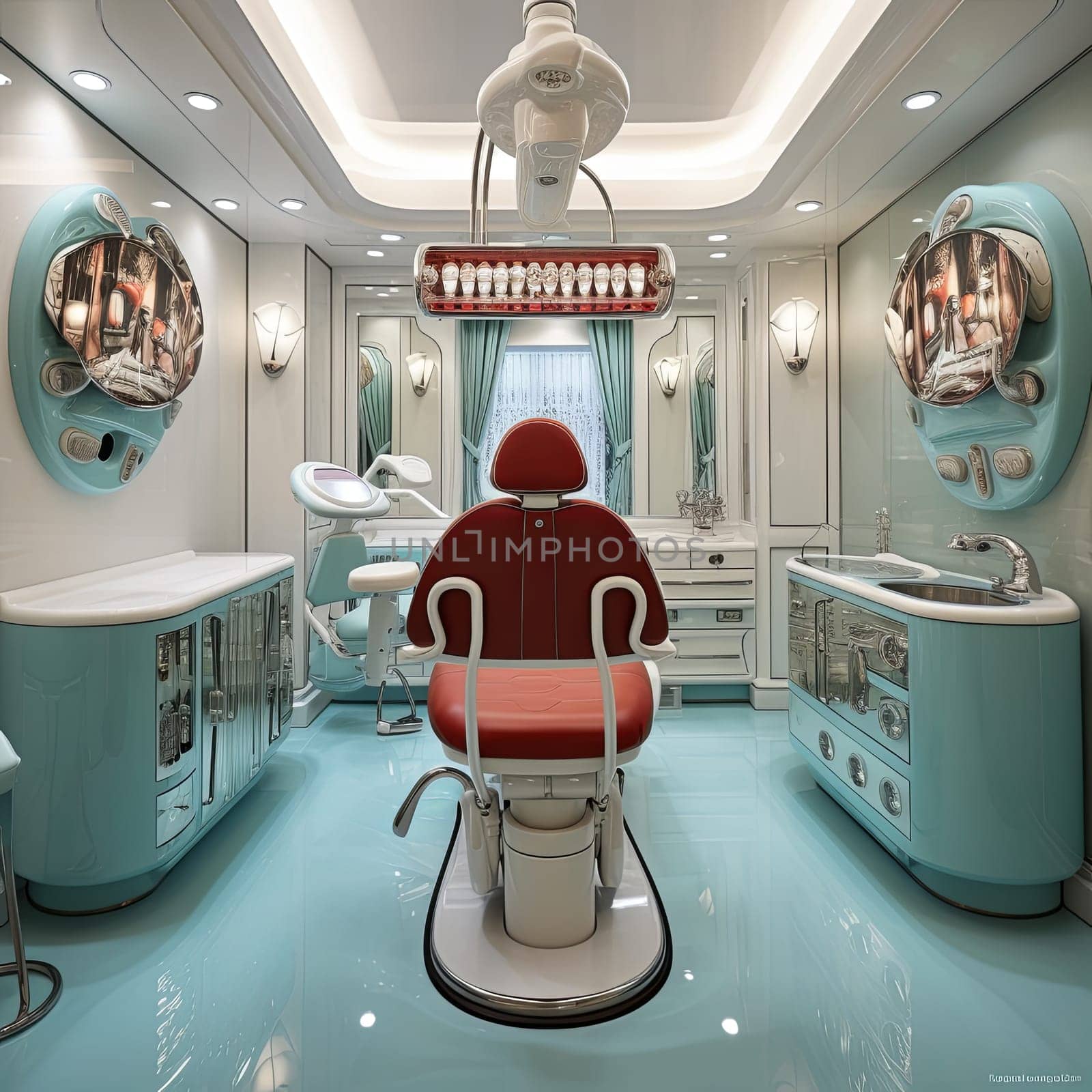 Retro-style dentist office with mint green floor, blue and white tile walls, large window, multiple dental chairs. Modern, clean space with calming vibe for patients.