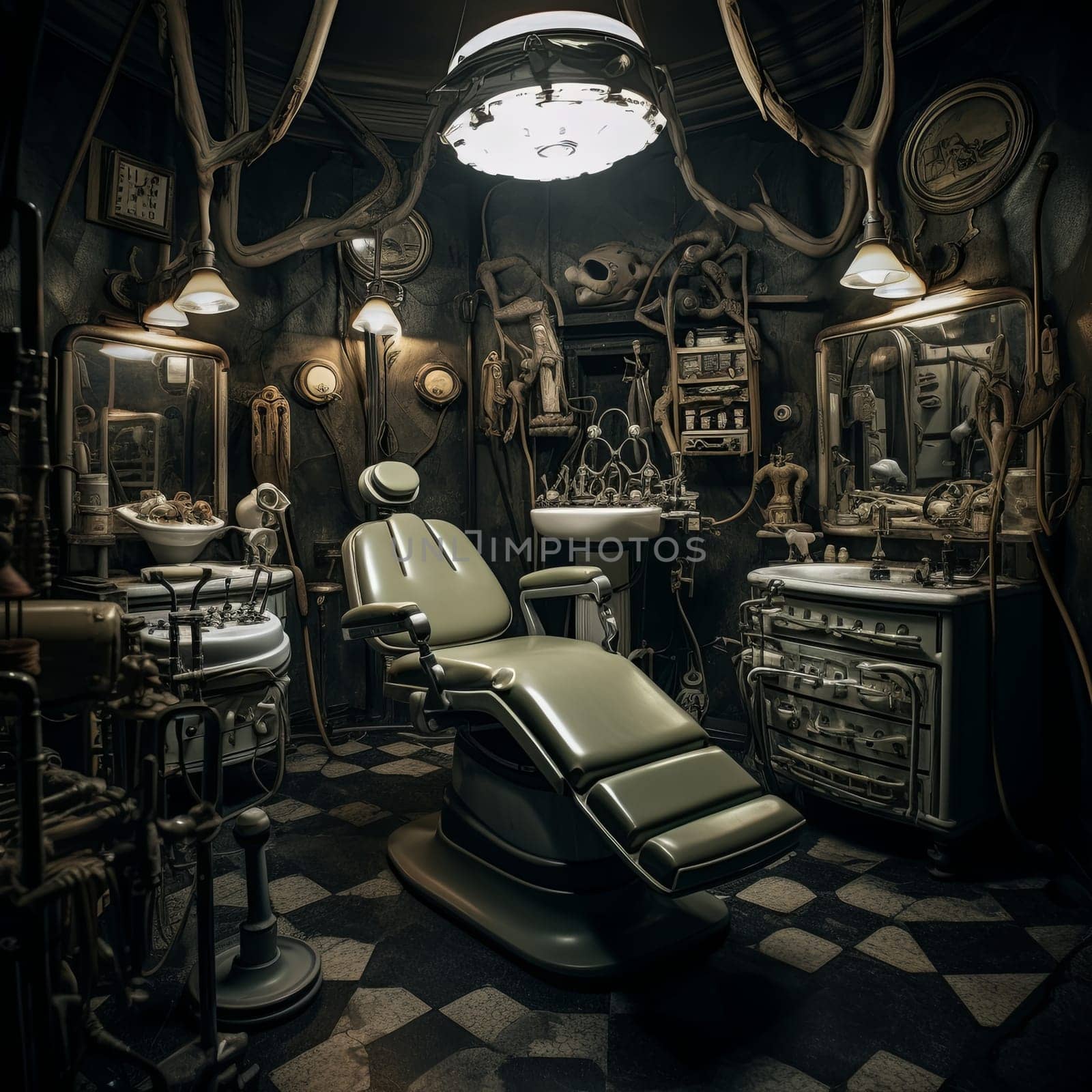 The office features industrial pipes on the walls, black and white tile flooring, a large window, and a corner sink. The green leather chair with a metal frame stands out in this distinctive setting.