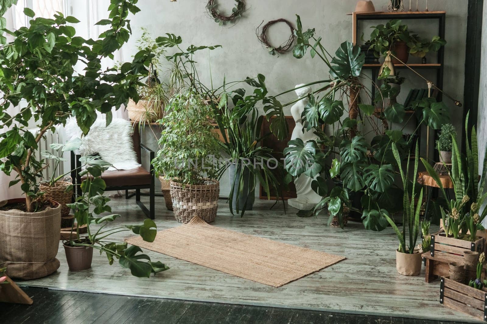 A fragment of the interior with a variety of indoor plants and plaster sculptures. Urban jungle concept. Biophilia design.