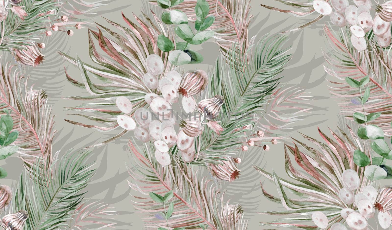 Botanical watercolor seamless pattern with bouquets of palm leaves and dry herbs for textile