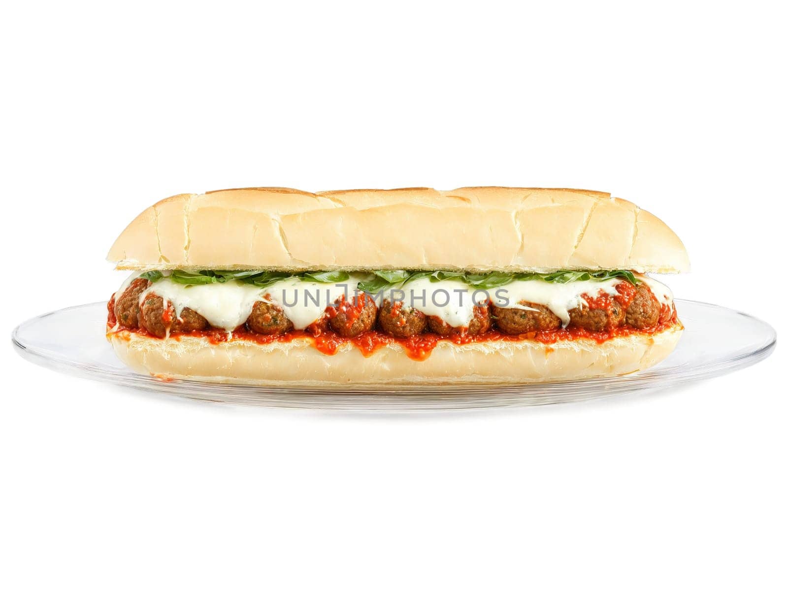 Sandwich meatball sub with marinara sauce and melted mozzarella served on a transparent glass plate. Food isolated on transparent background.