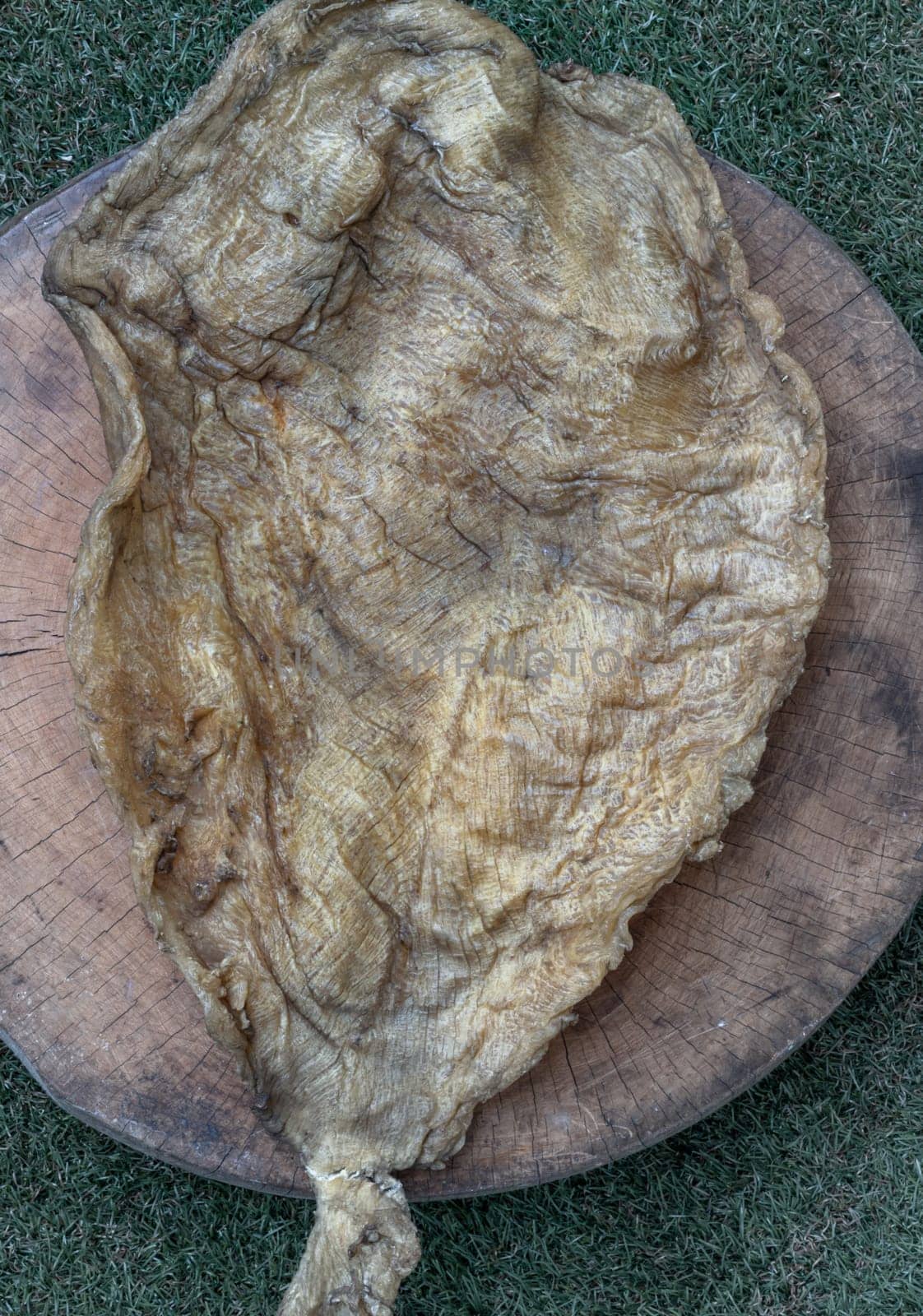 Detail of Fish Maw Soup or Dried Fish Stomach (Dried Fish Bladder) on Old wooden cutting board. Chinese dried food, Healthy eating lifestyle concept, Top view, Selective focus.