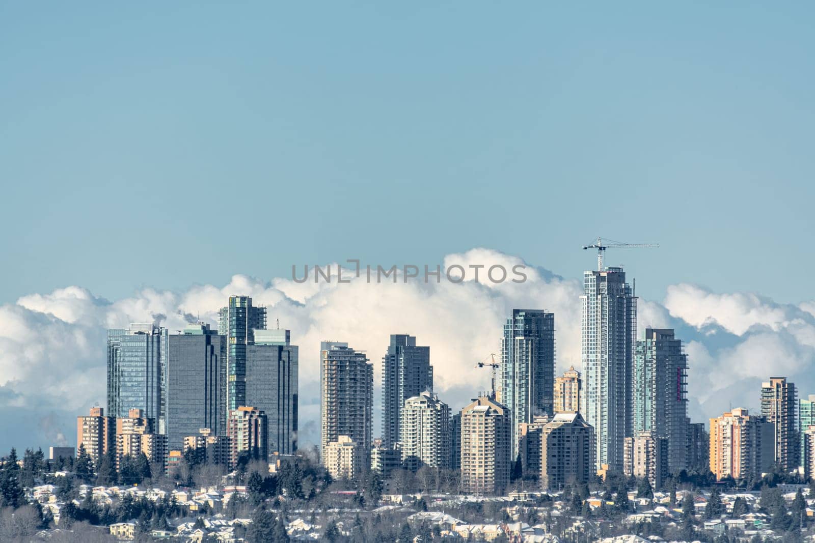 Cityscape of Metrotown on winter season. City in foggy winter morning. Vancouver, Canada