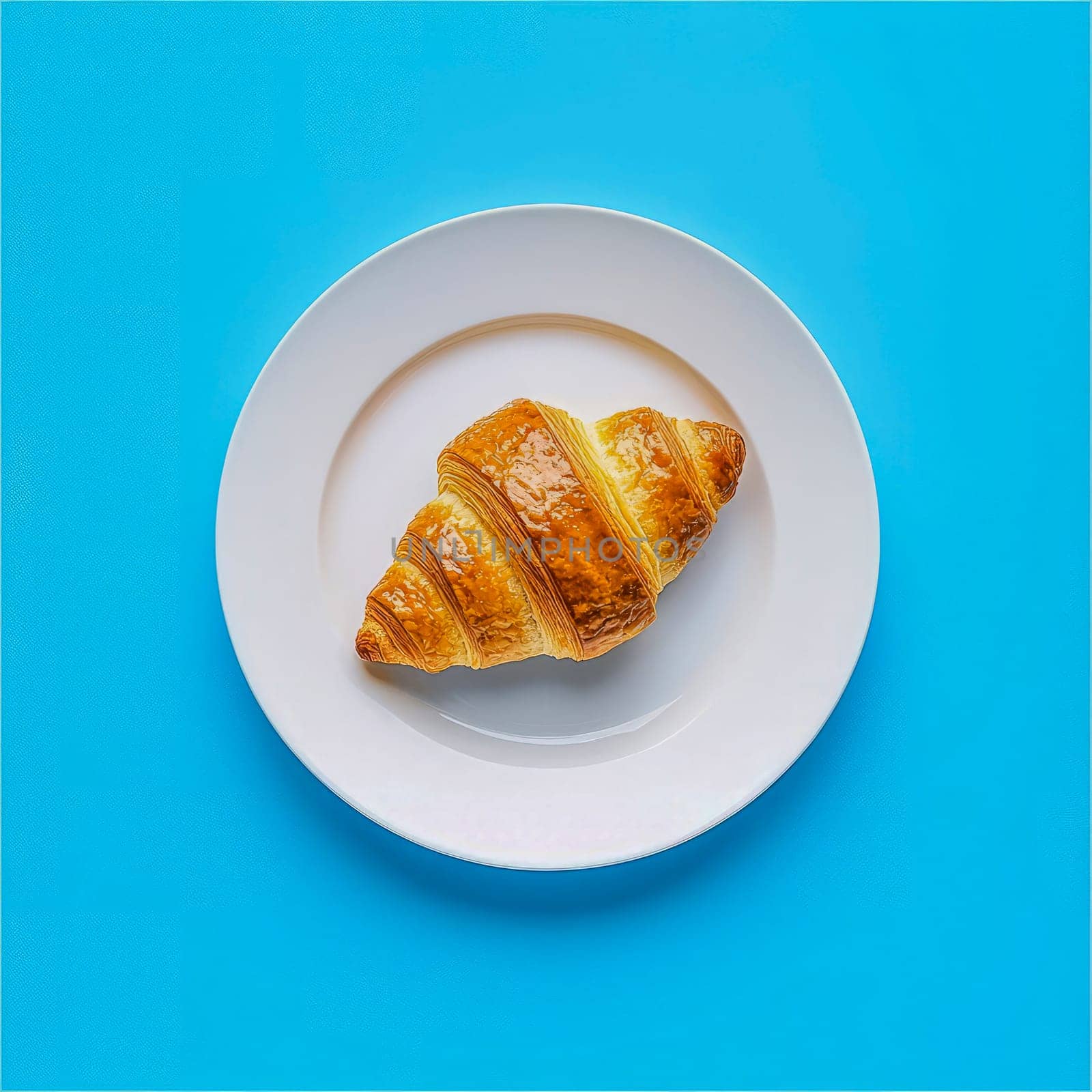 Fresh crispy delicious croissant lies on white plate on blue background.