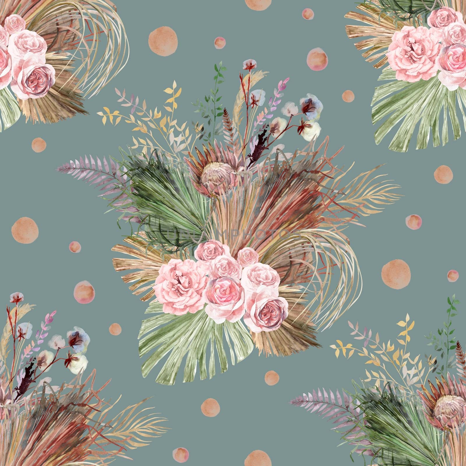Watercolor vintage seamless pattern with a herbarium of white rose flowers and tropical palm leaves for summer textiles of women is dresses and clothes in natural shades