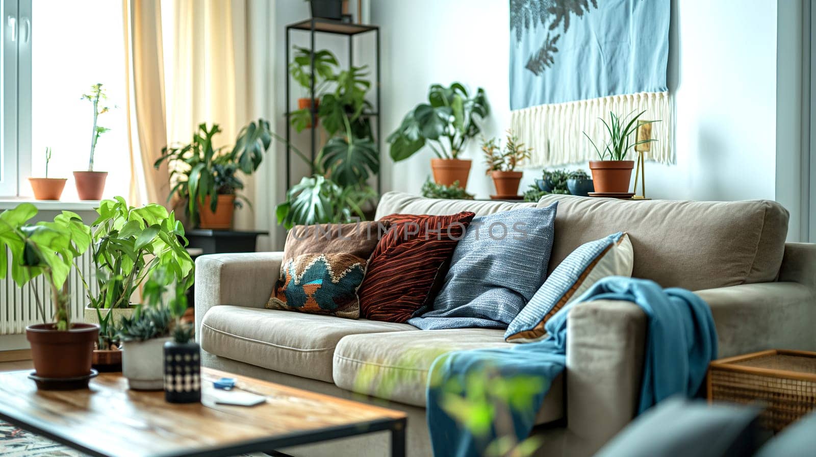 A cozy living room filled with various indoor plants, featuring a beige couch adorned with colorful cushions. Sunlight streams through the window, highlighting the serene atmosphere.