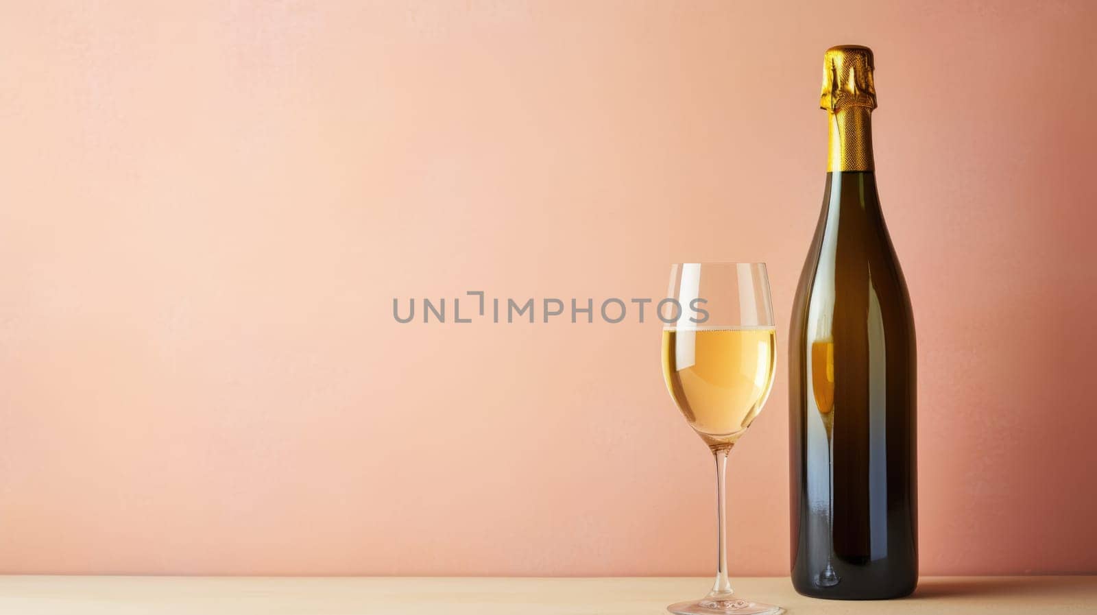 champagne glass with golden champagne on a pink background. Mockup design.