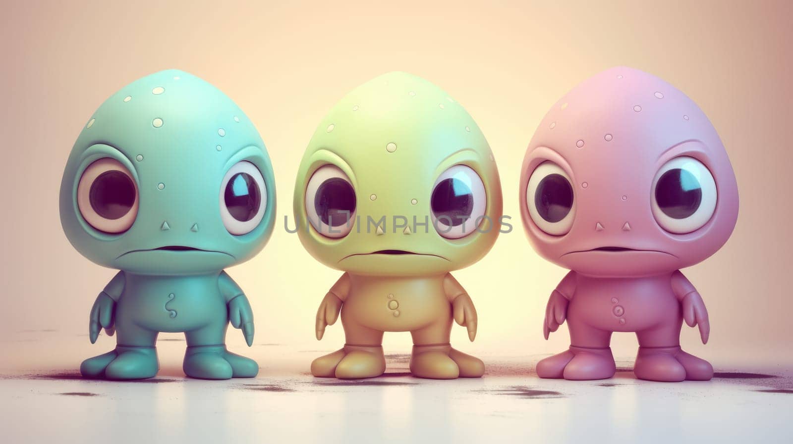 Three cute and funny alien characters with big heads and large eyes in a variety of poses
