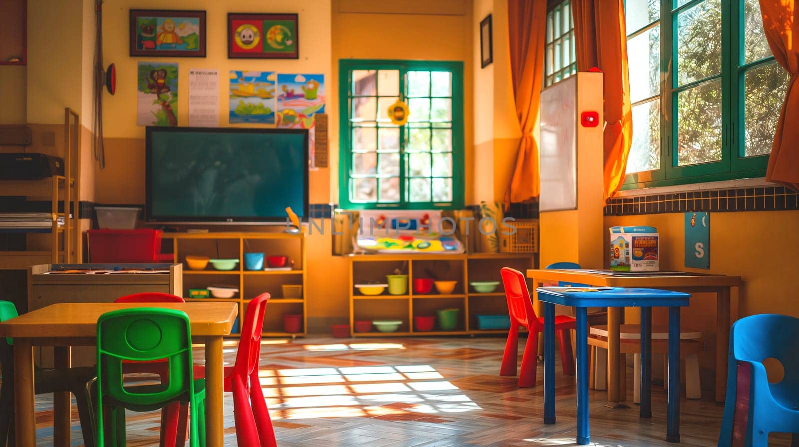 A brightly colored classroom with a flat screen tv, a window with natural light streaming in, and brightly colored furniture - Generative AI