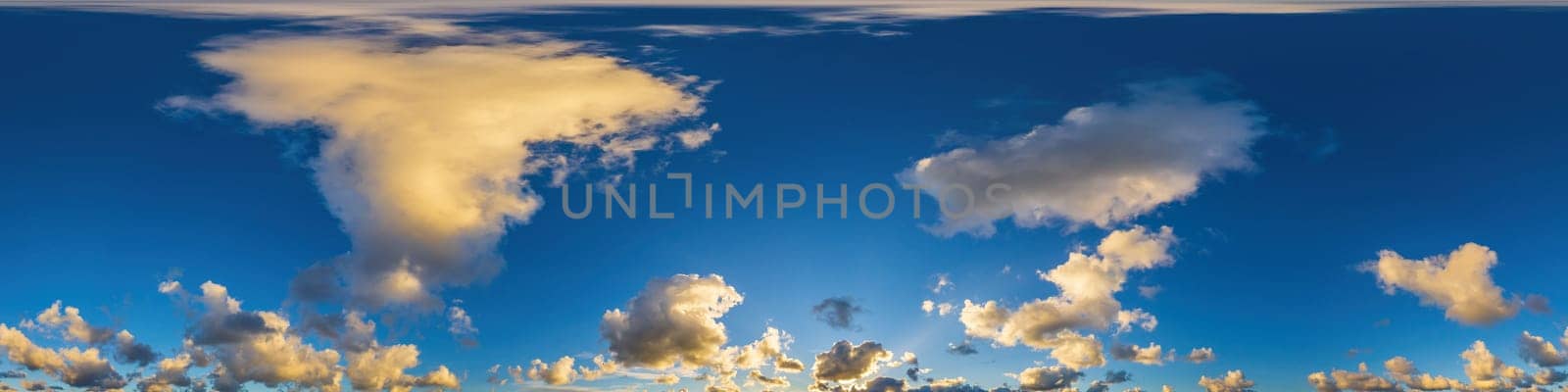 Sky panorama with Cirrus clouds in Seamless spherical equirectangular format. Full zenith for use in 3D graphics, game and editing aerial drone 360 degree panoramas for sky replacement