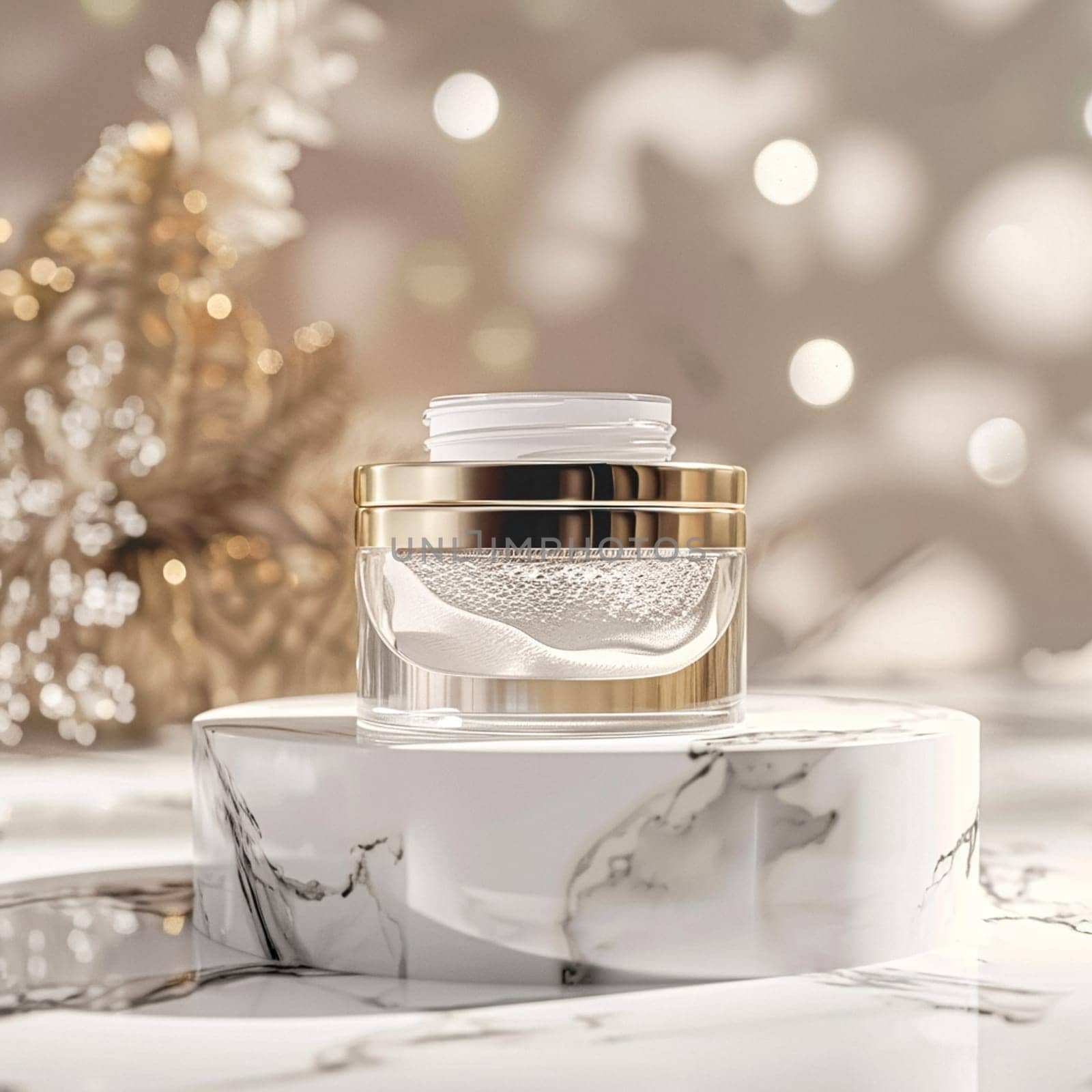 Face cream in a glass jar on a white and gold background. Skin care concept. Backdrop for beauty cosmetic products