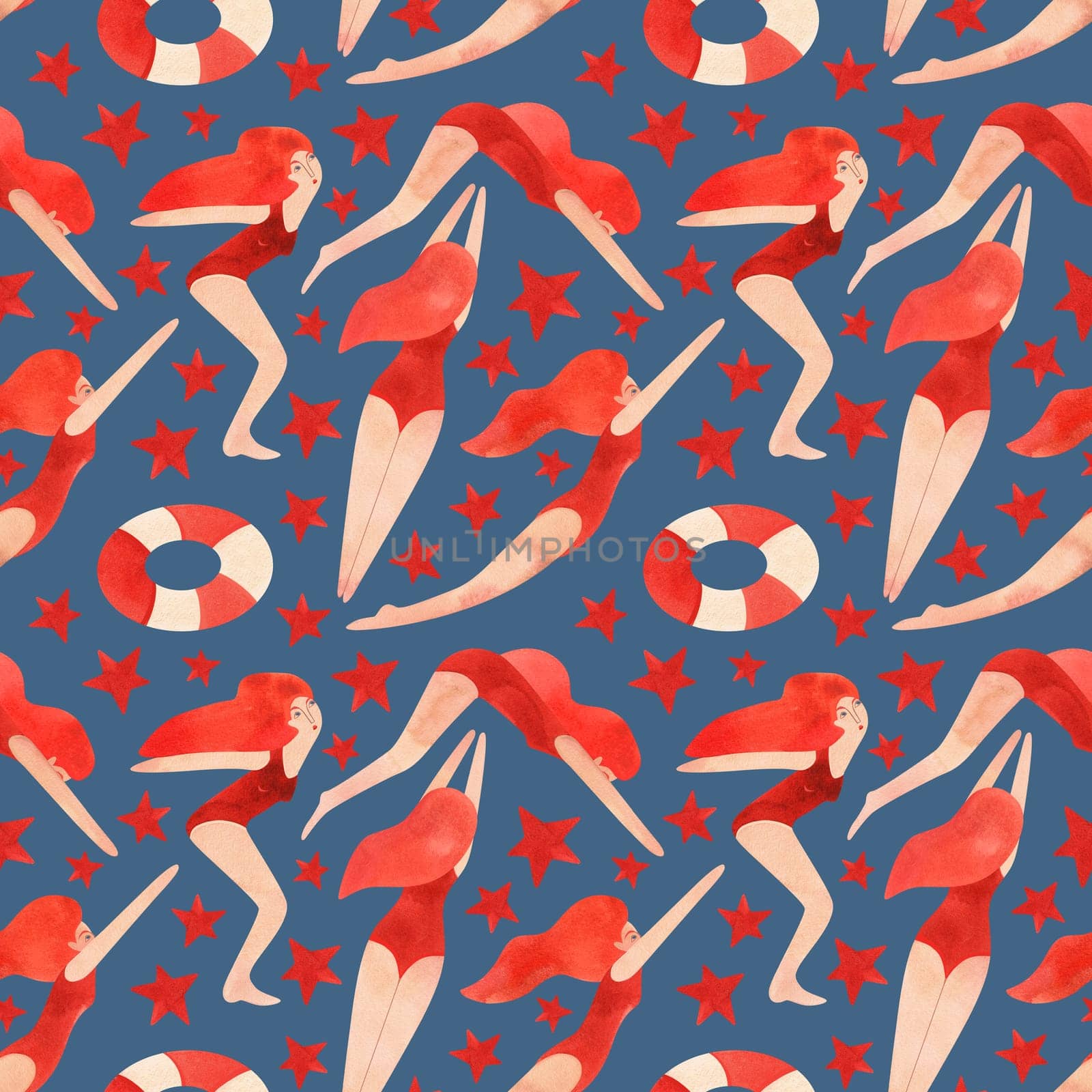 Seamless pattern with floating women in vintage style. Swimming. Watercolor illustration on blue background.