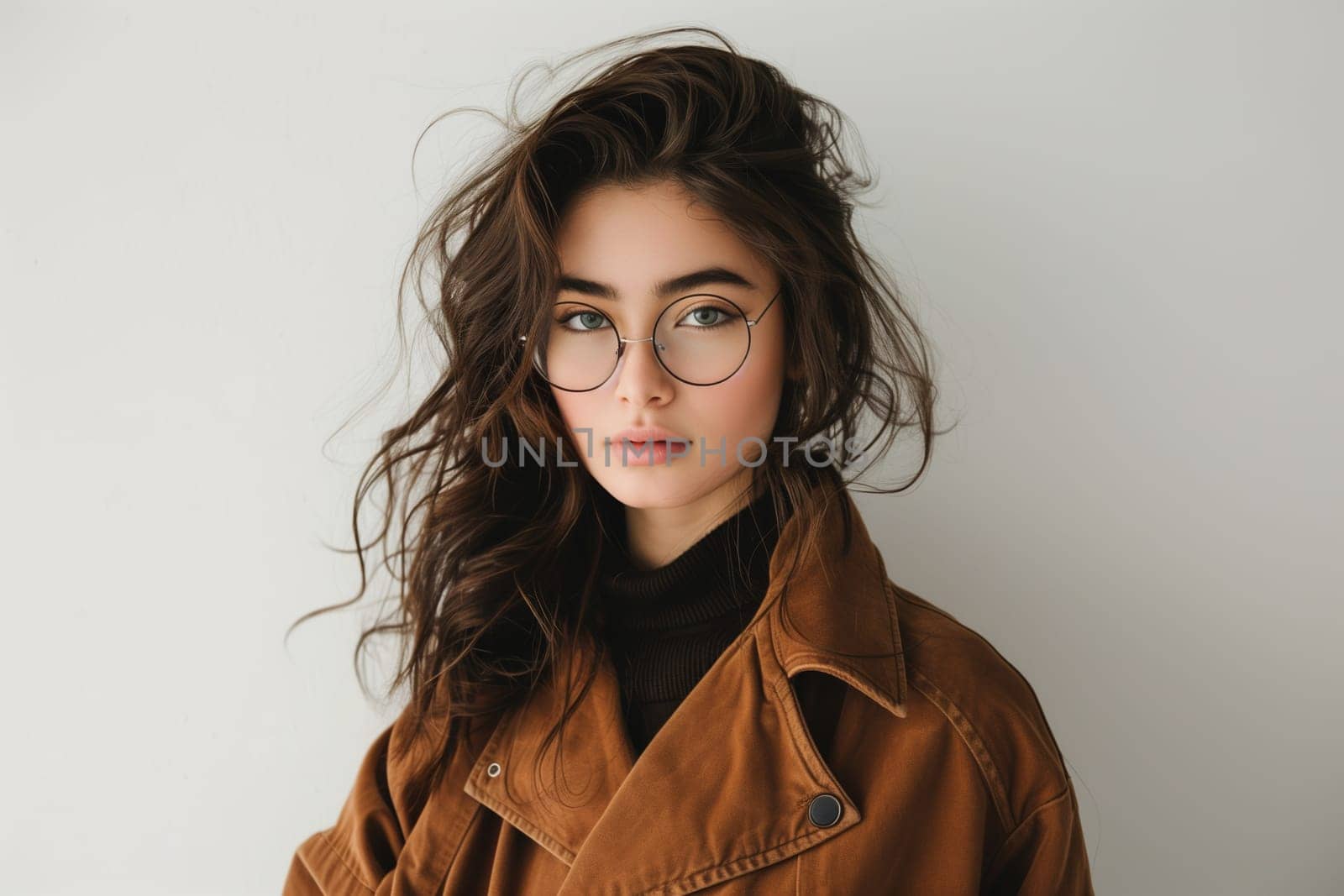 Portrait of fashionable modern young woman in eyeglasses, stylish girl model in glasses posing on white background