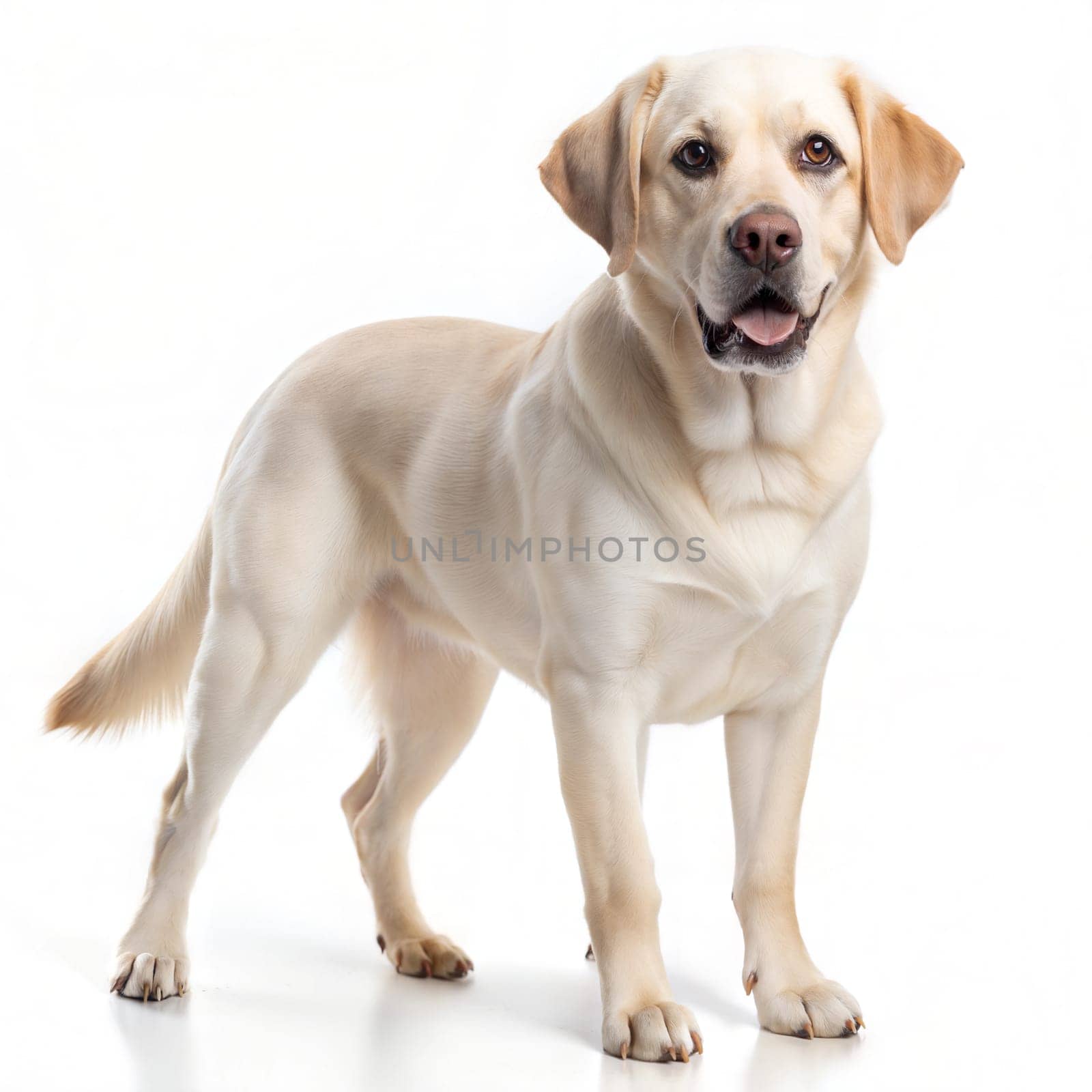 Golden Retriever standing and looking at camera, isolated on white background. Ai generated image