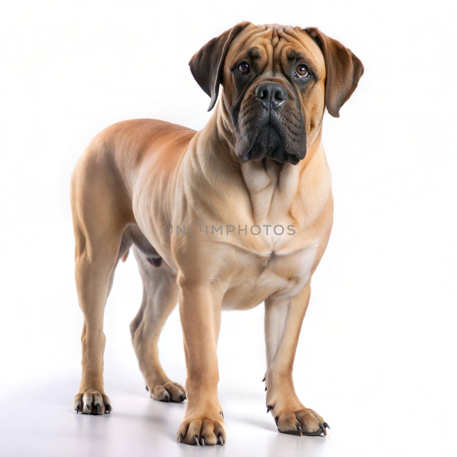 Large mastiff dog with tongue out standing and looking at camera, isolated on white background. Ai generated image