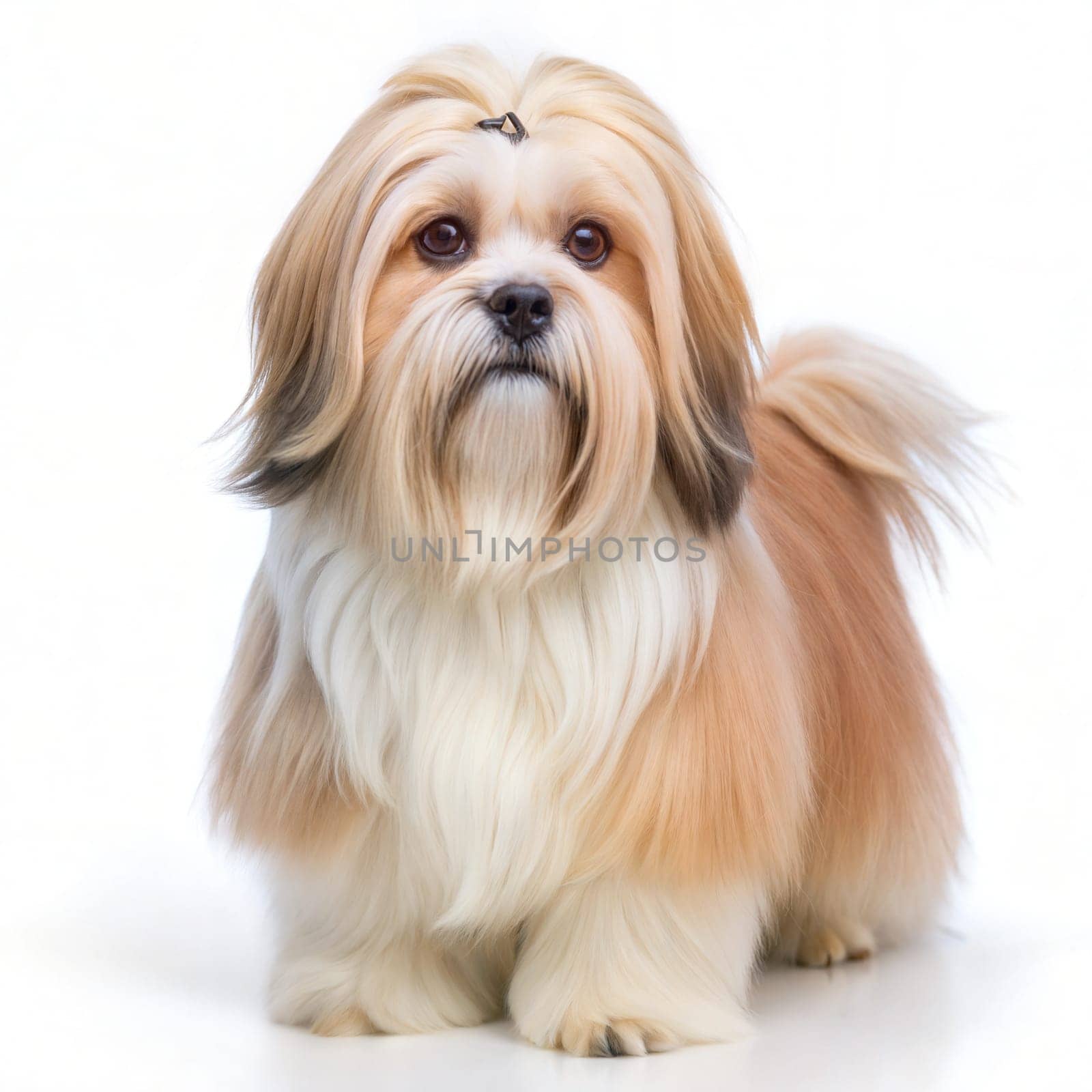 Cute Lhasa Apso isolated on a white background. Ai generated image