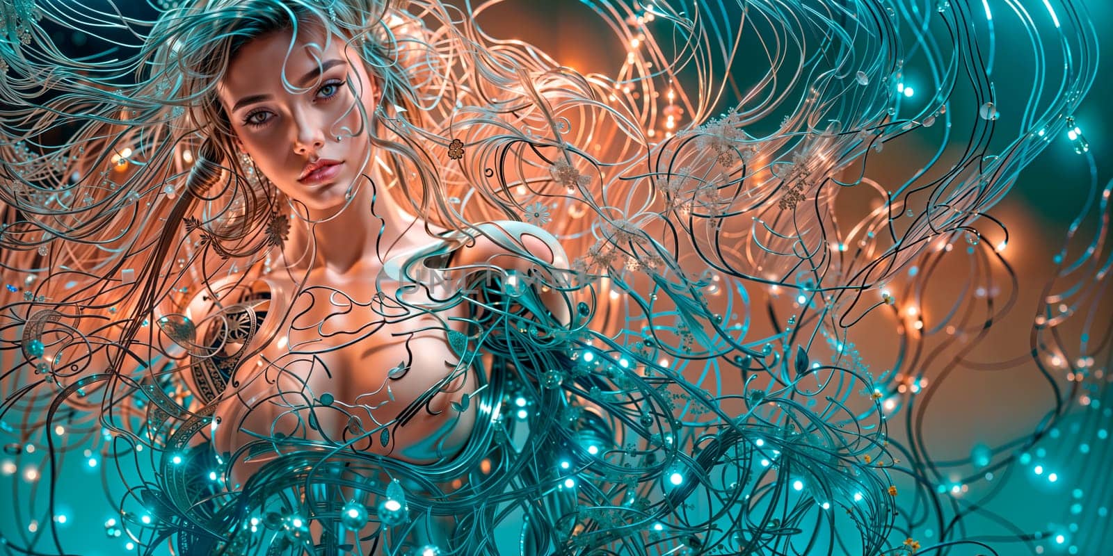 A cybernetic woman connected via a large number of cables to the World Wide Web. Cyberpunk. Generative AI