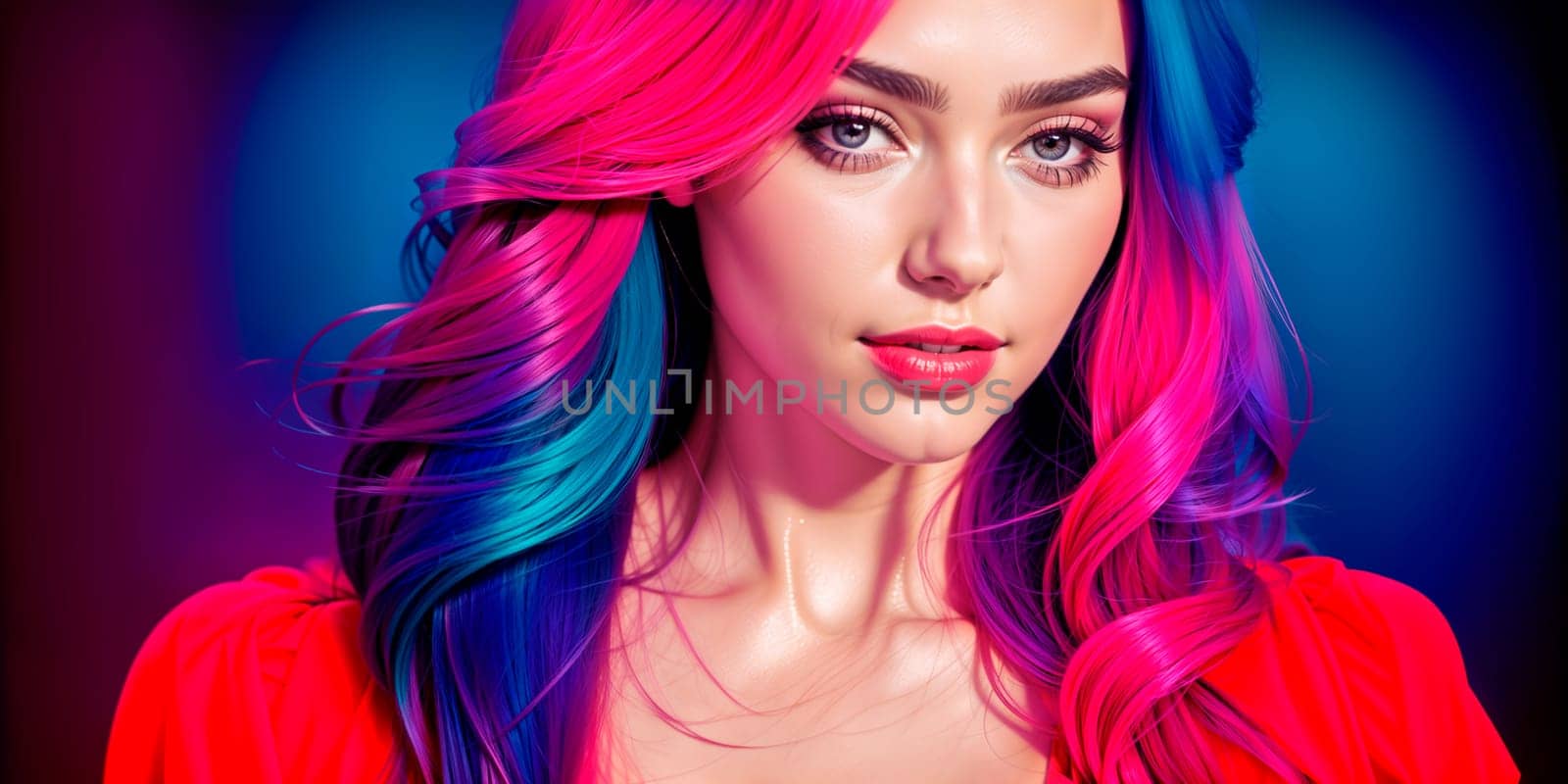 High Fashion model woman in colorful bright lights posing, portrait of beautiful girl with trendy make-up. Art design, colorful make up. Over colorful vivid background. nightclub dancer. Generative AI