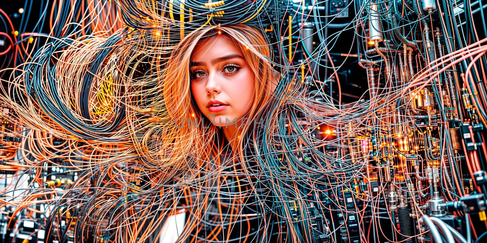 A cybernetic woman connected via a large number of cables to the World Wide Web. Cyberpunk. Generative AI