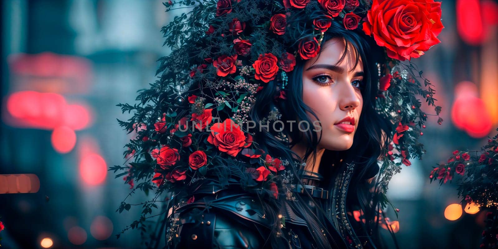 Girl with rose flowers in her hair against the backdrop of the city in neon light, cyberpunk art, fantasy art. Generative AI