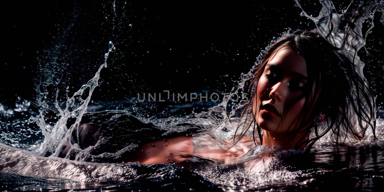 A woman is submerged in water with wet hair, water splashing around her. Generative AI
