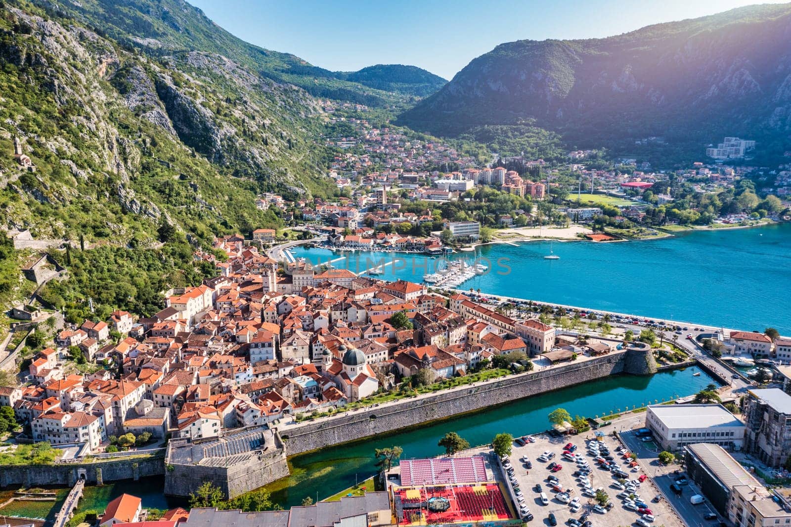 Aerial view of the old town of Kotor, Montenegro. Bay of Kotor bay is one of the most beautiful places on Adriatic Sea. Historical Kotor Old town and the Kotor bay of Adriatic sea, Montenegro.