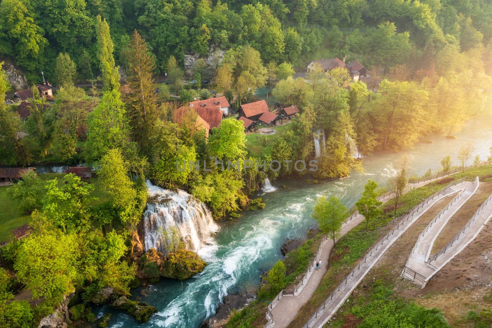 Village of Rastoke near Slunj in Croatia, old water mills on waterfalls of Korana river, beautiful countryside landscape. Landscape with river and little waterfalls in Rastoke village, Croatia.