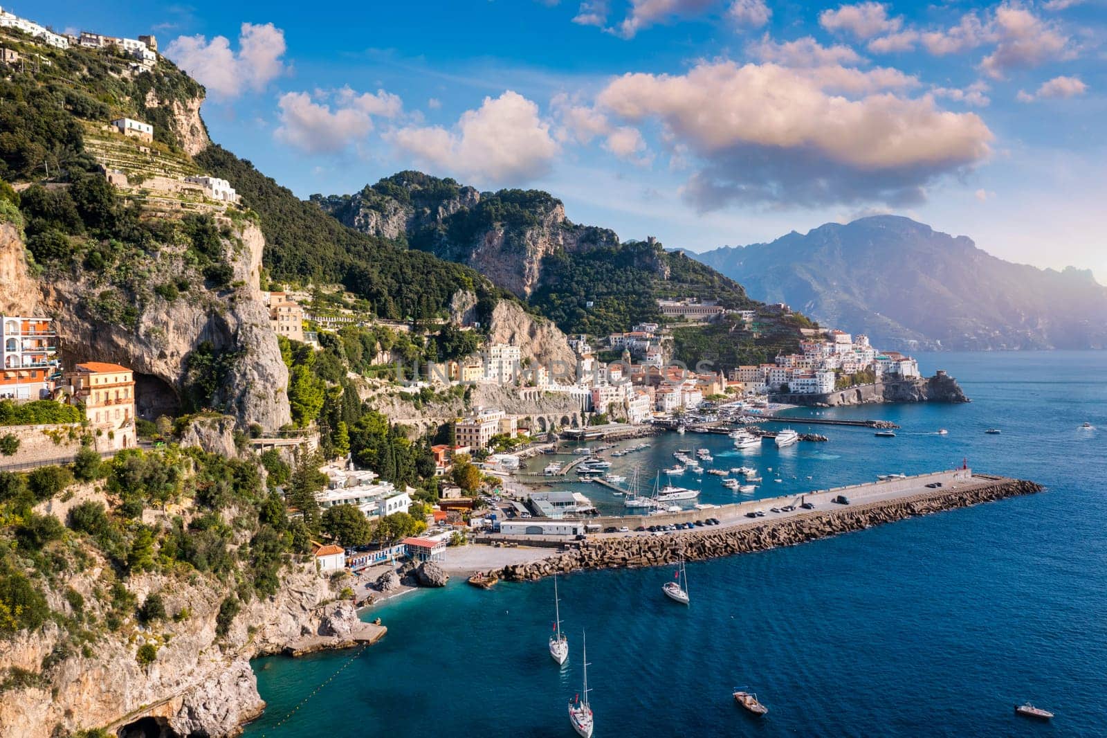 View of beautiful Amalfi town, Campania, Italy. Amalfi coast is most popular travel and holiday destination in Europe. Amalfi cityscape on coast line of mediterranean sea, Amalfi coast, Italy.
