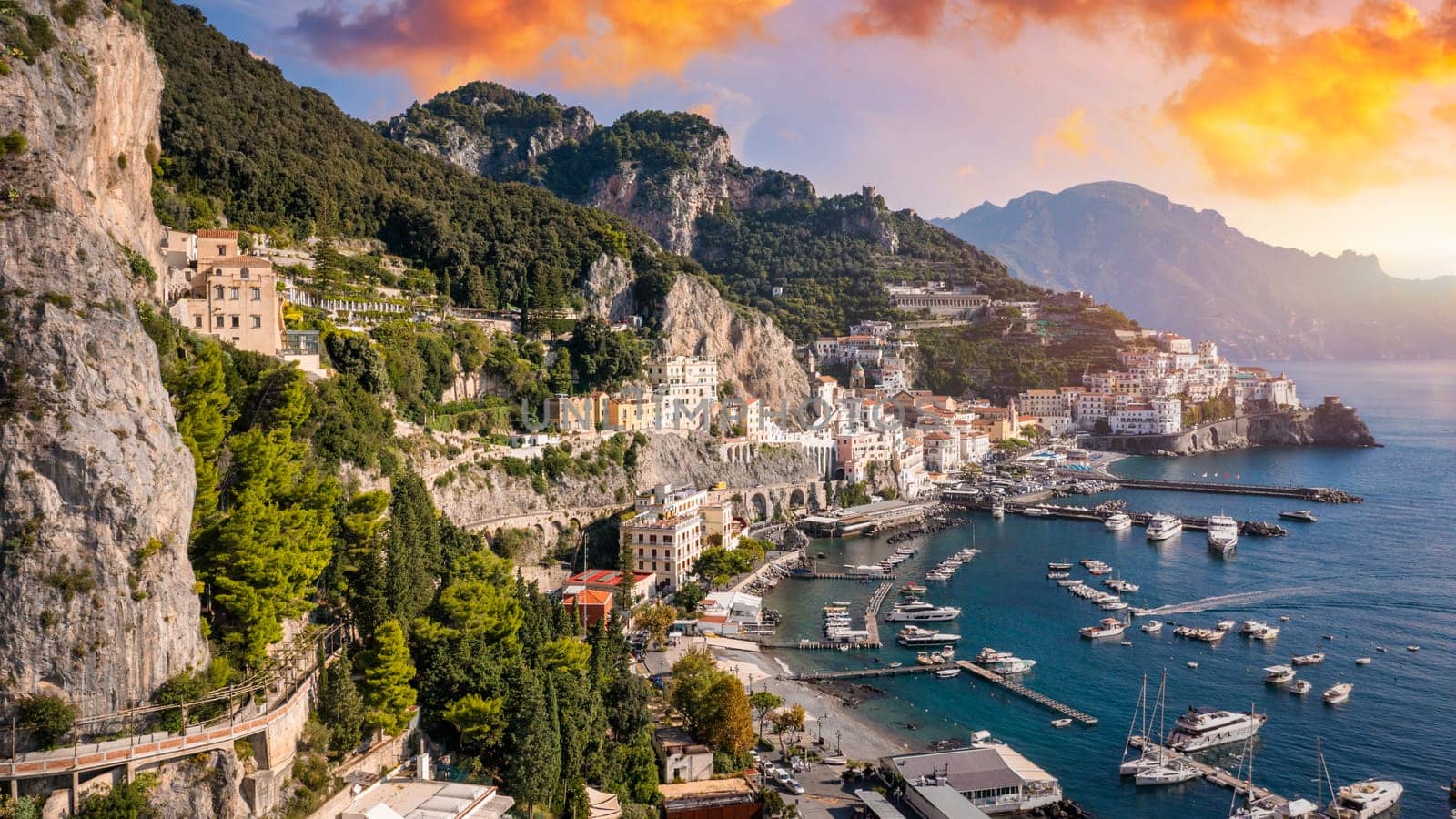 View of beautiful Amalfi town, Campania, Italy. Amalfi coast is most popular travel and holiday destination in Europe. Amalfi cityscape on coast line of mediterranean sea, Amalfi coast, Italy.