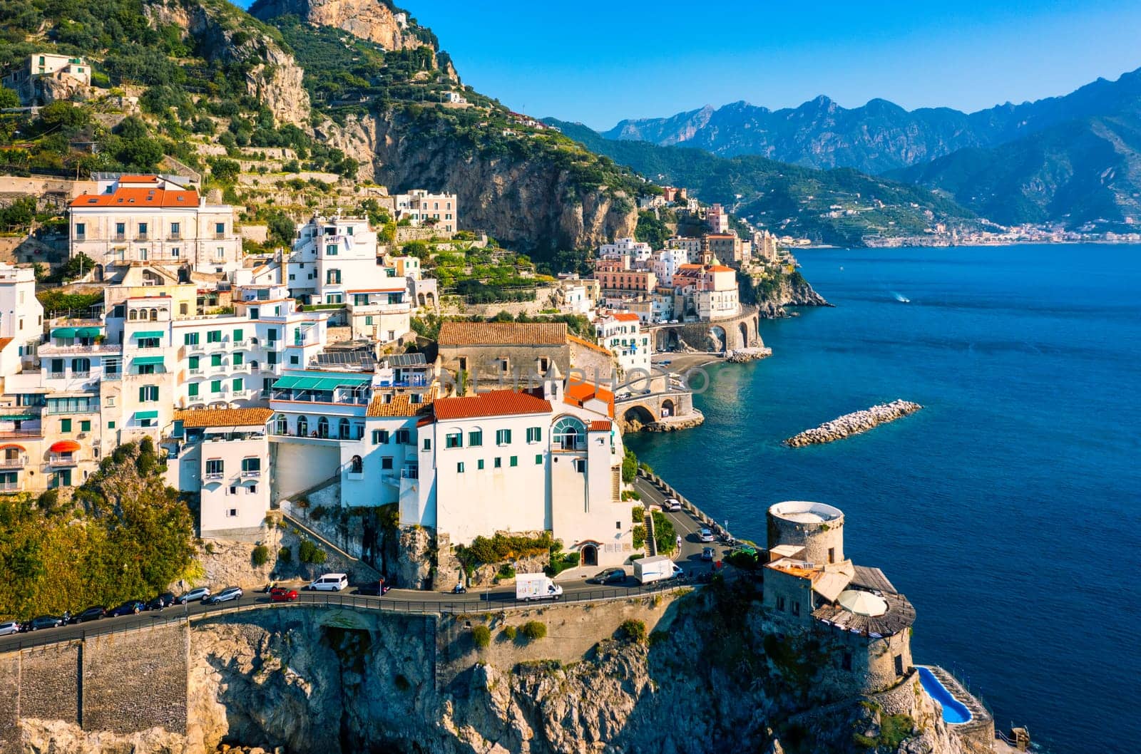 Aerial view of Atrani famous coastal village located on Amalfi Coast, Italy. Small town Atrani on Amalfi Coast in province of Salerno, Campania region, Italy. Atrani town on Amalfi coast, Italy.
